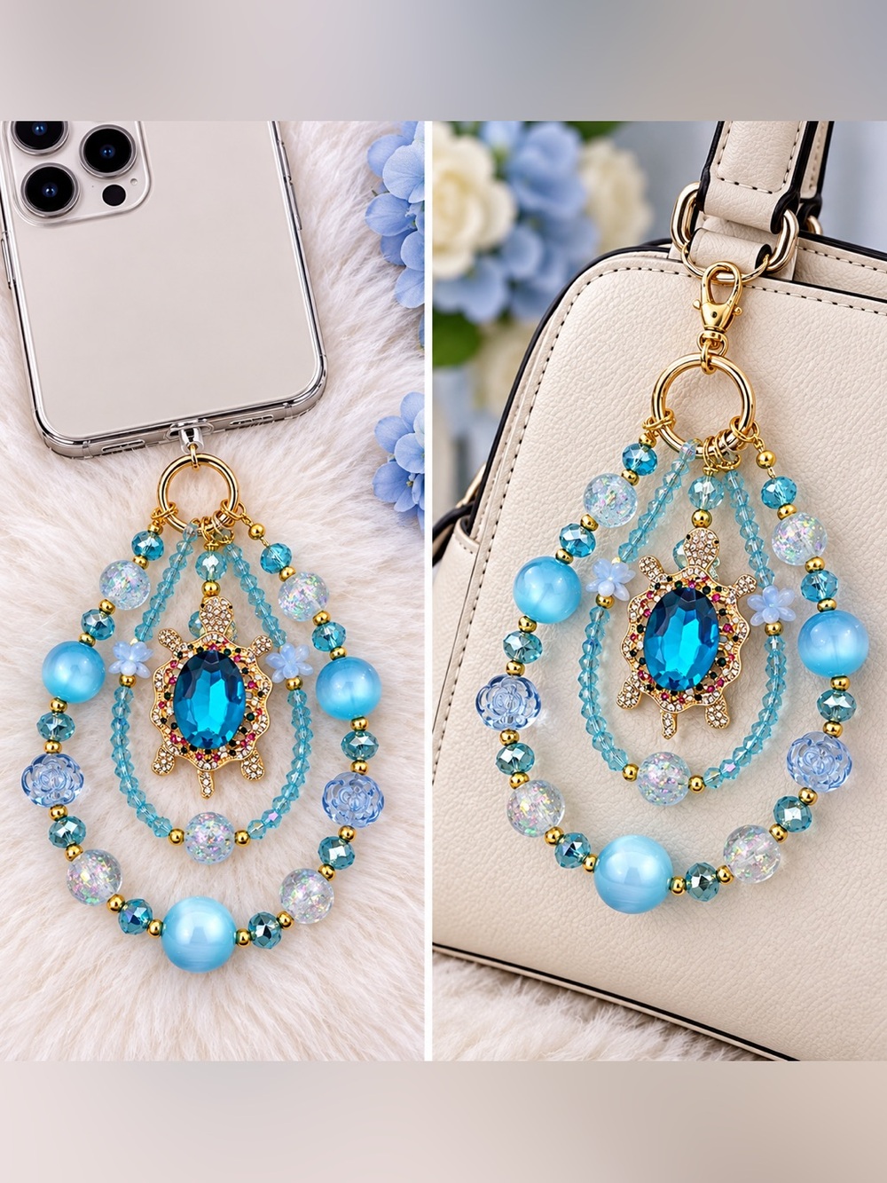 Blue Crystal Turtle Keychain bag Charm Phone wristlet - Women's Jewelry